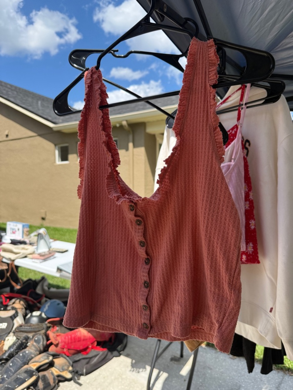 wild fable Rose Waffle Button-Front Ruffle Tank
